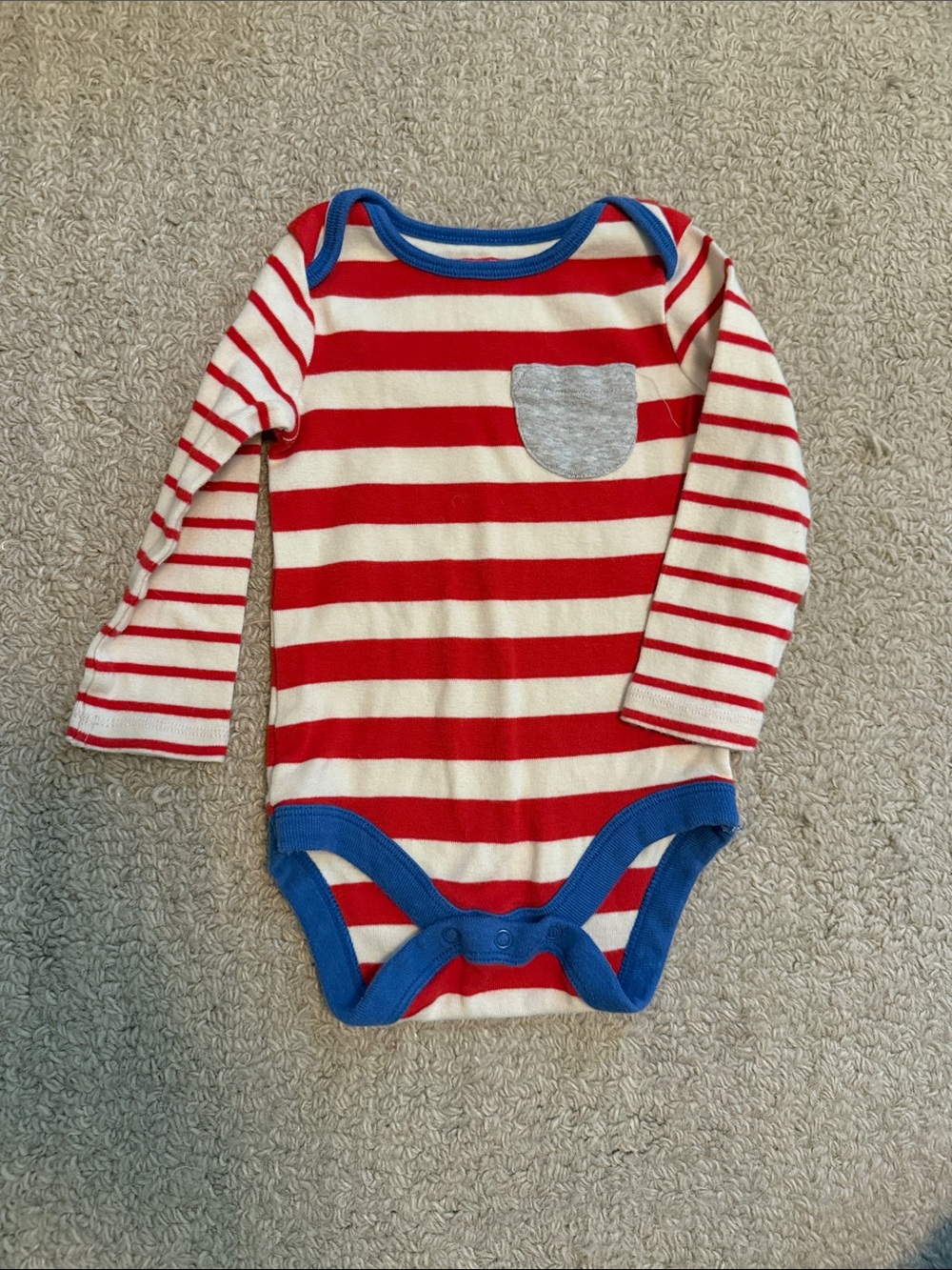 Biden Striped Red and White Long-Sleeve Baby One-Piece with Blue Trim